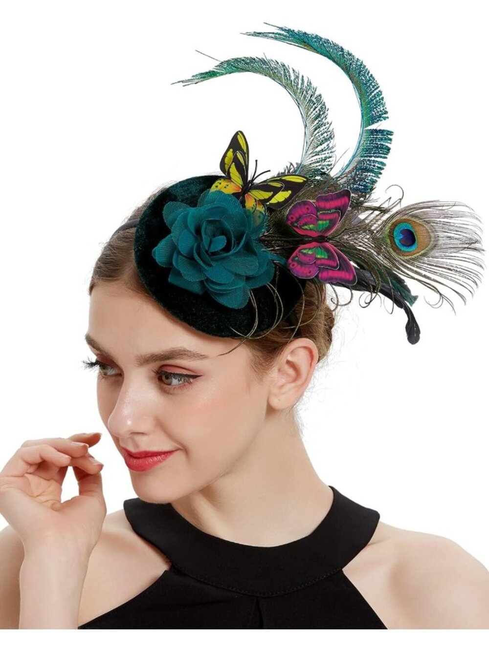Elegant Peacock Feather Butterfly Flower Pillbox Hat for Women - Chic Fascinator